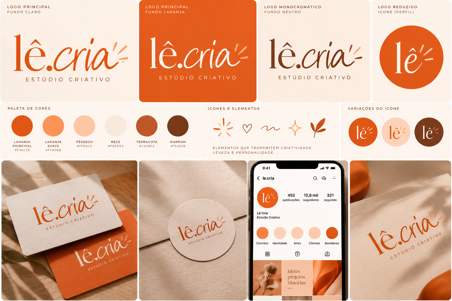 Painel de identidade visual da Lê.cria com paleta, logo e aplicações